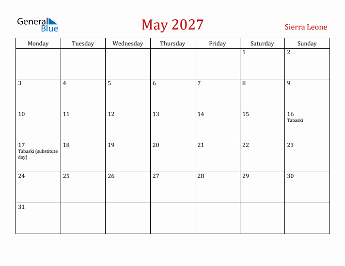 Sierra Leone May 2027 Calendar - Monday Start