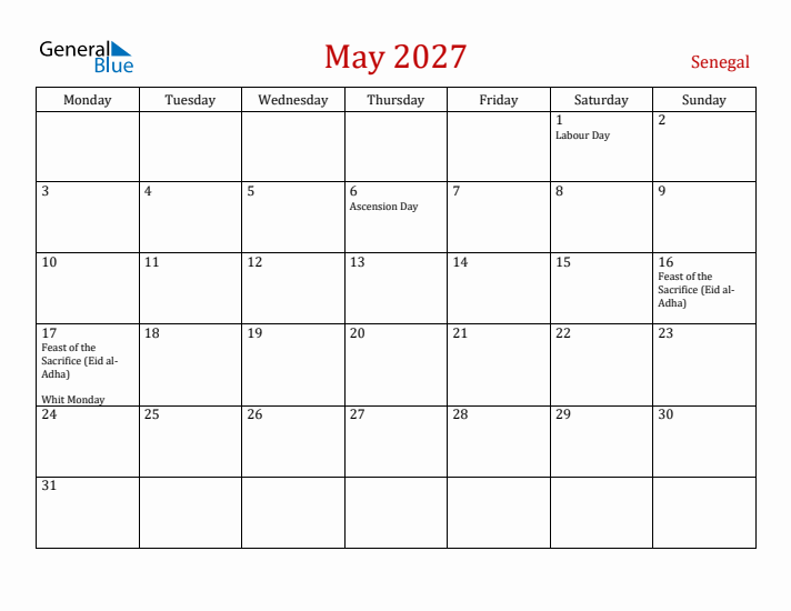 Senegal May 2027 Calendar - Monday Start