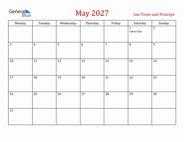 Sao Tome and Principe May 2027 Calendar - Monday Start
