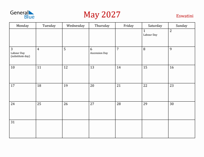 Eswatini May 2027 Calendar - Monday Start
