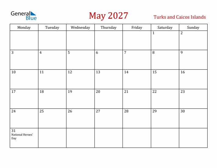 Turks and Caicos Islands May 2027 Calendar - Monday Start