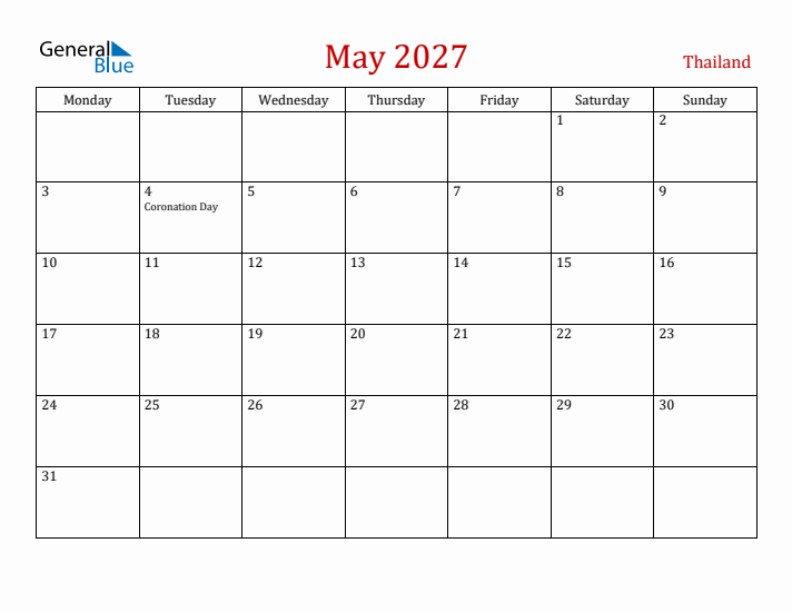 Thailand May 2027 Calendar - Monday Start