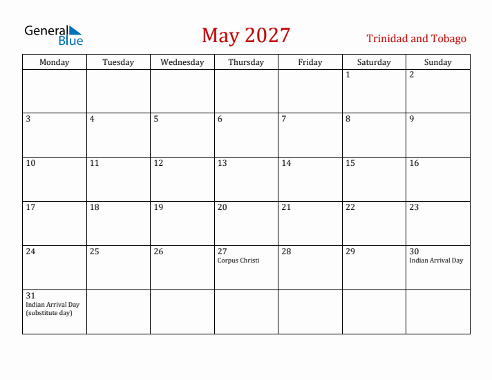 Trinidad and Tobago May 2027 Calendar - Monday Start