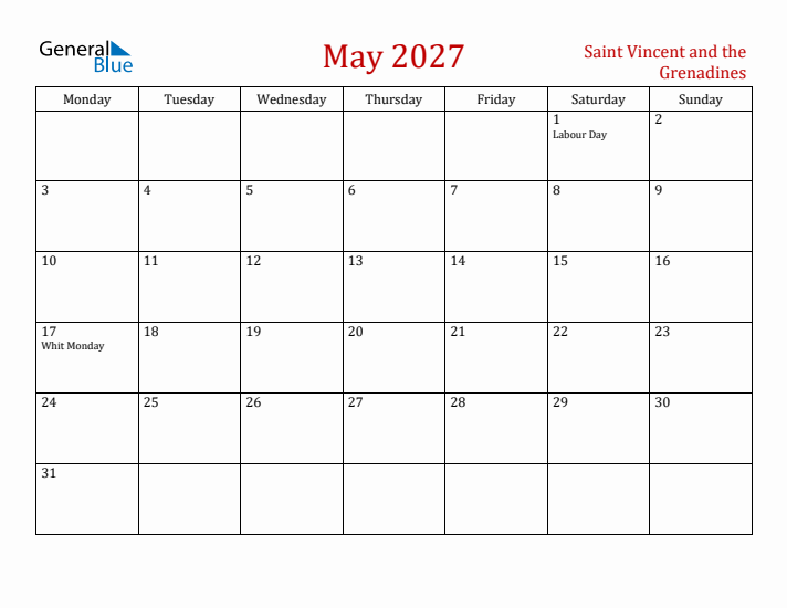 Saint Vincent and the Grenadines May 2027 Calendar - Monday Start
