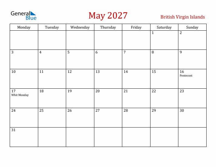 British Virgin Islands May 2027 Calendar - Monday Start