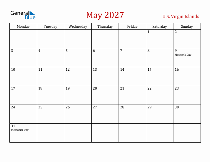 U.S. Virgin Islands May 2027 Calendar - Monday Start