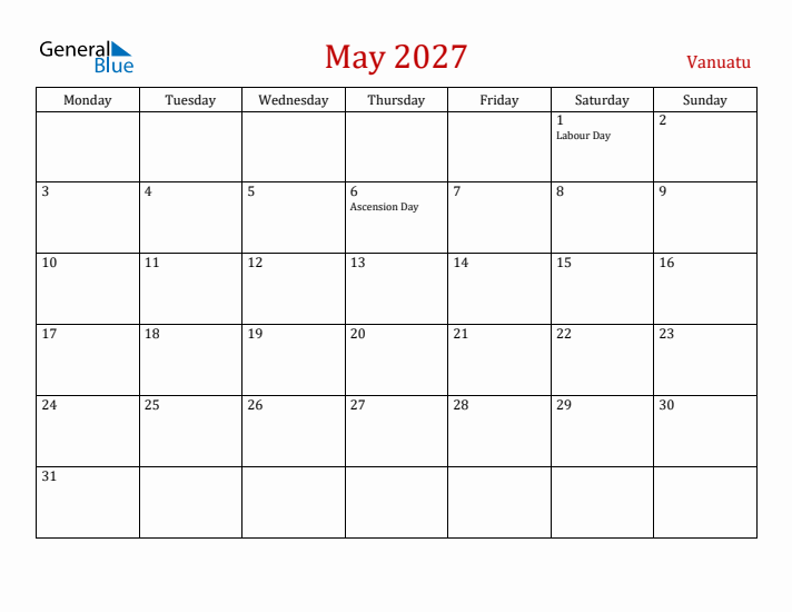 Vanuatu May 2027 Calendar - Monday Start