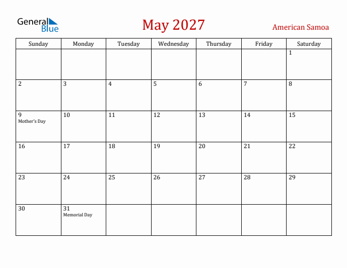 American Samoa May 2027 Calendar - Sunday Start