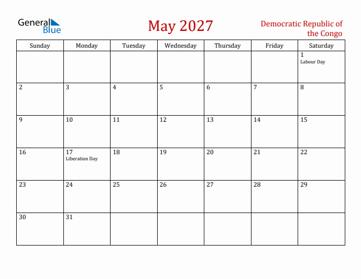 Democratic Republic of the Congo May 2027 Calendar - Sunday Start