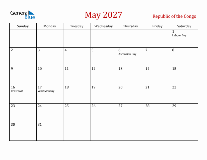 Republic of the Congo May 2027 Calendar - Sunday Start