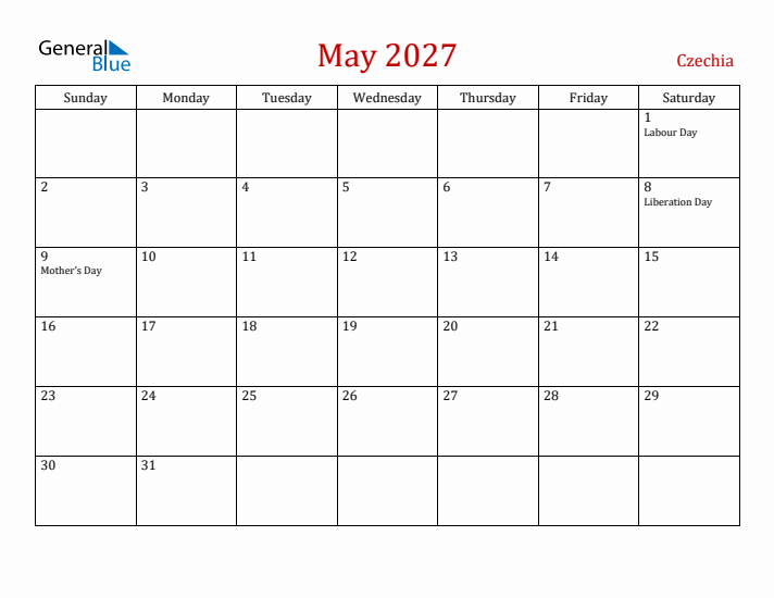 Czechia May 2027 Calendar - Sunday Start