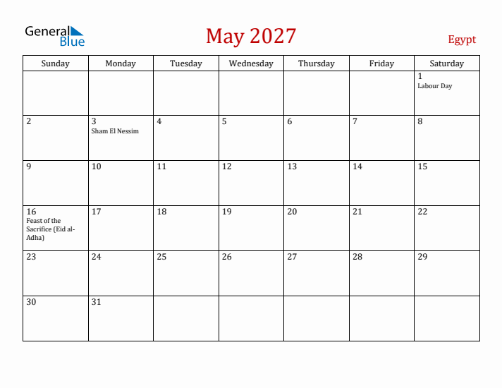 Egypt May 2027 Calendar - Sunday Start