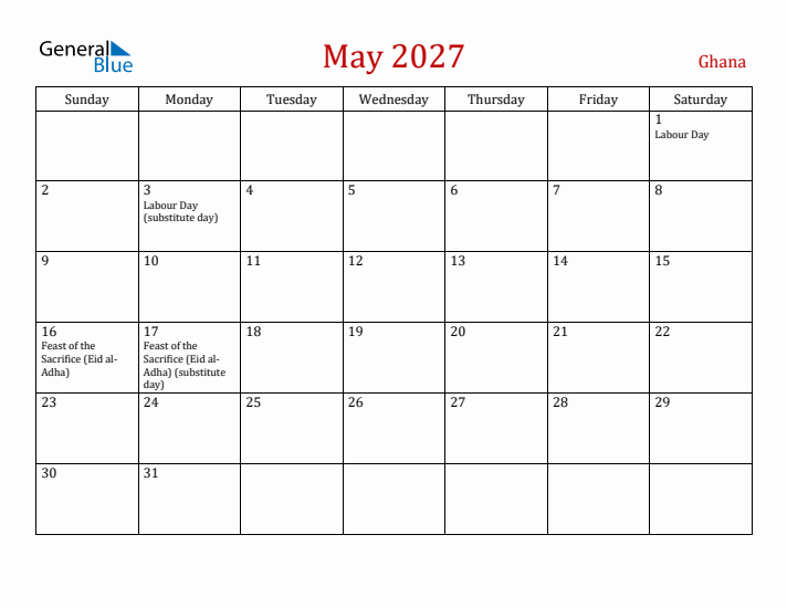 Ghana May 2027 Calendar - Sunday Start