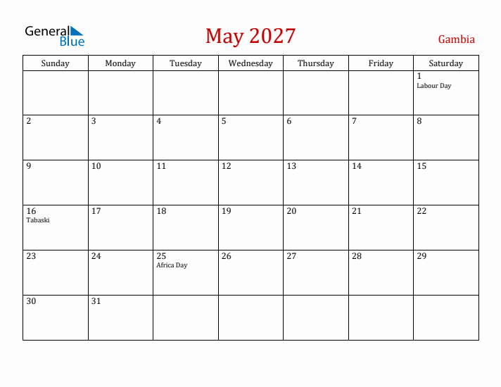Gambia May 2027 Calendar - Sunday Start
