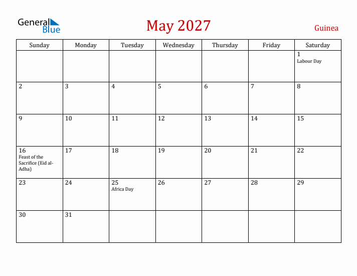Guinea May 2027 Calendar - Sunday Start