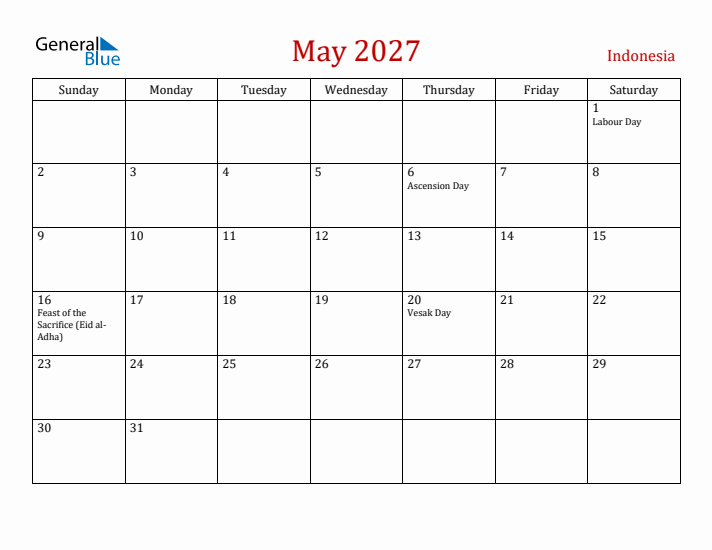 Indonesia May 2027 Calendar - Sunday Start