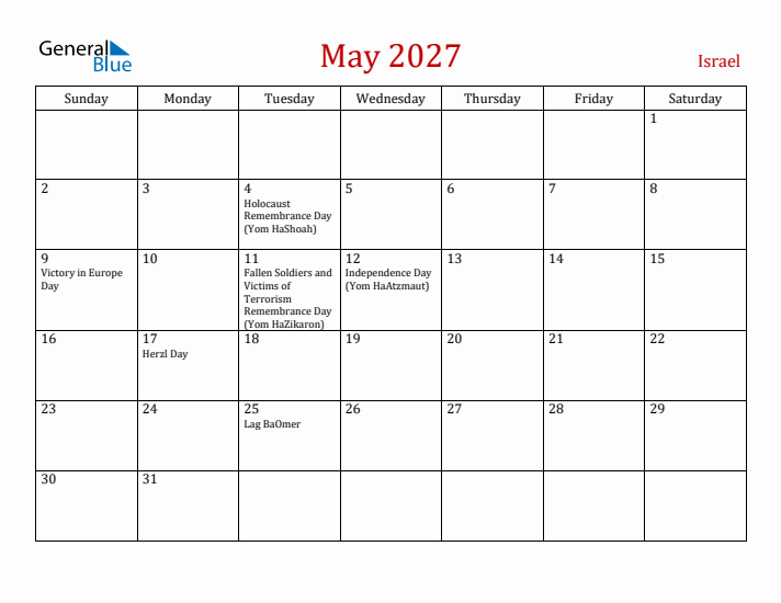 Israel May 2027 Calendar - Sunday Start