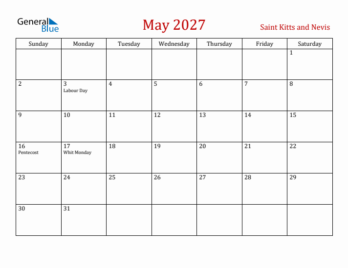Saint Kitts and Nevis May 2027 Calendar - Sunday Start