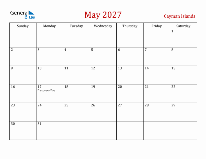 Cayman Islands May 2027 Calendar - Sunday Start