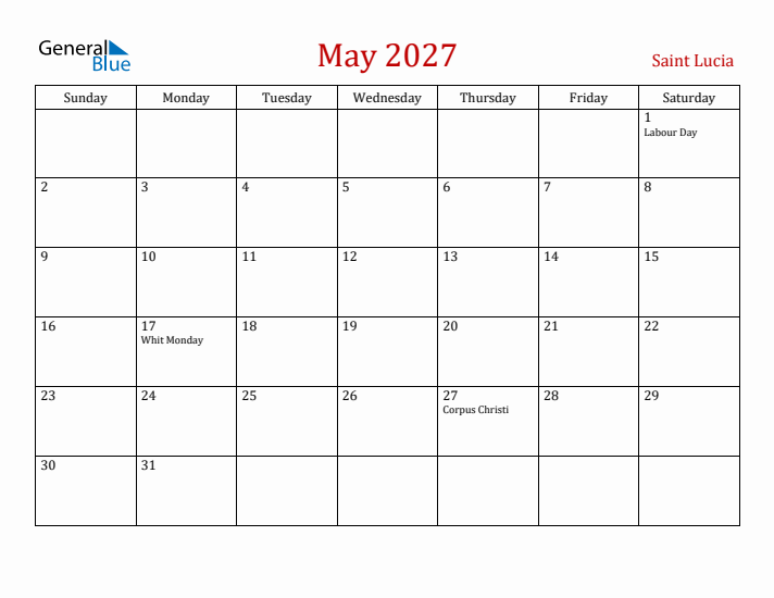 Saint Lucia May 2027 Calendar - Sunday Start