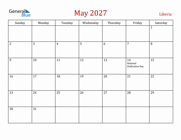 Liberia May 2027 Calendar - Sunday Start