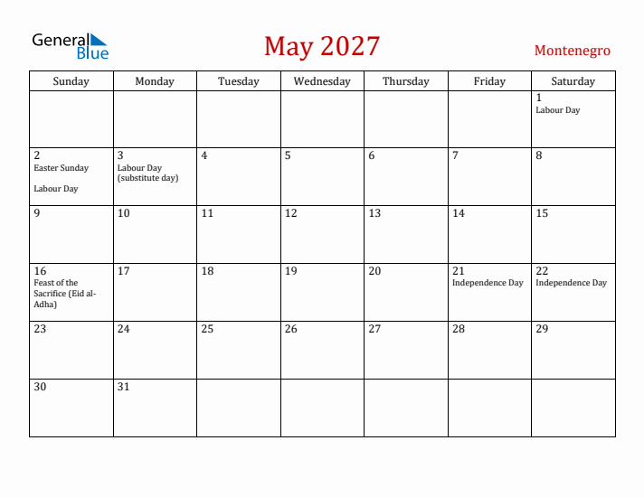 Montenegro May 2027 Calendar - Sunday Start
