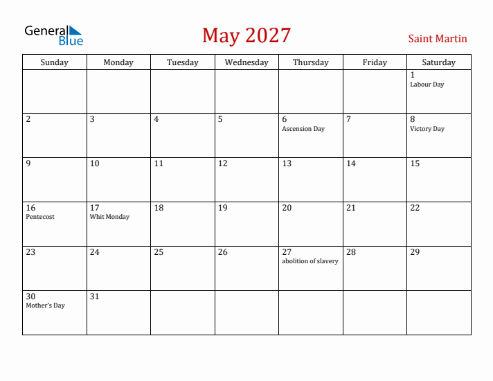 Saint Martin May 2027 Calendar - Sunday Start