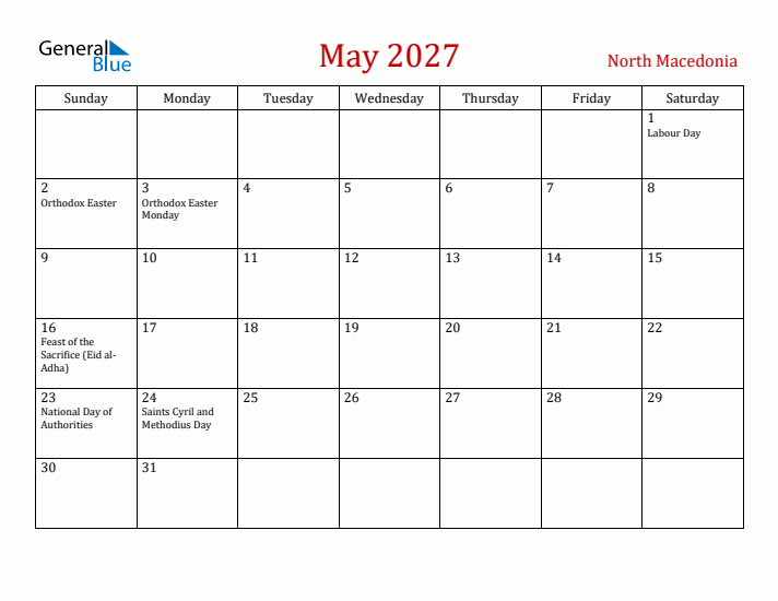 North Macedonia May 2027 Calendar - Sunday Start