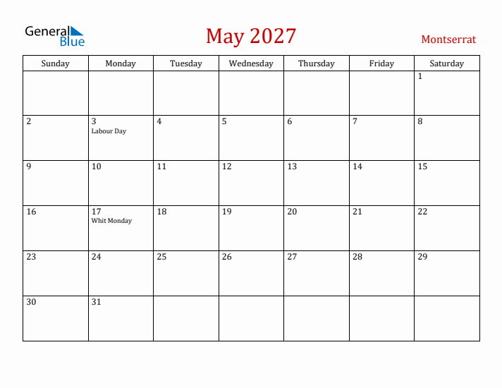 Montserrat May 2027 Calendar - Sunday Start