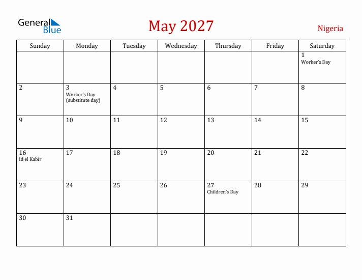 Nigeria May 2027 Calendar - Sunday Start
