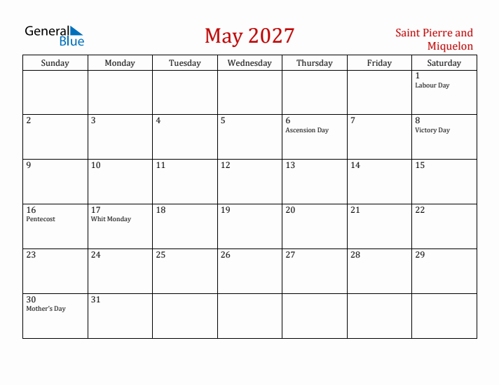 Saint Pierre and Miquelon May 2027 Calendar - Sunday Start