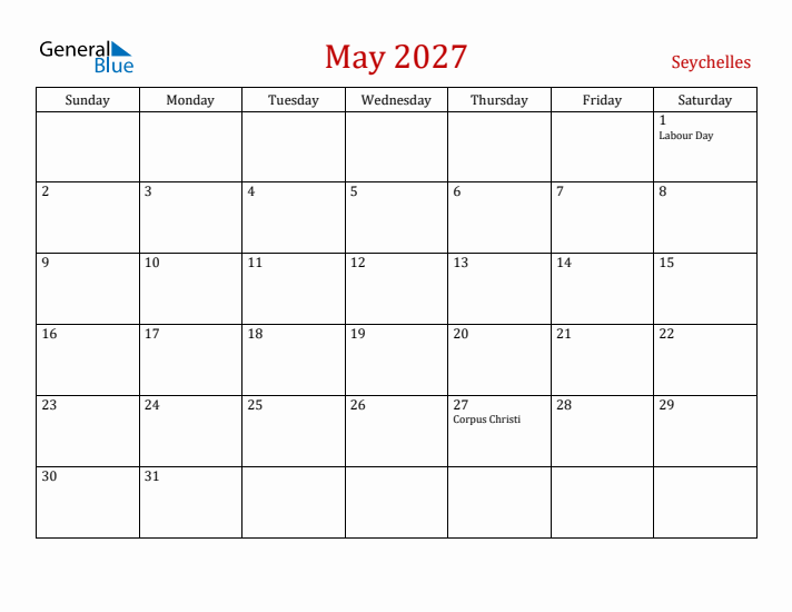 Seychelles May 2027 Calendar - Sunday Start