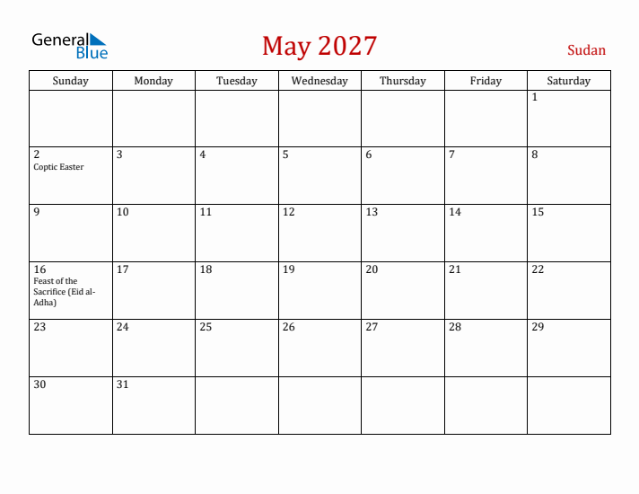 Sudan May 2027 Calendar - Sunday Start