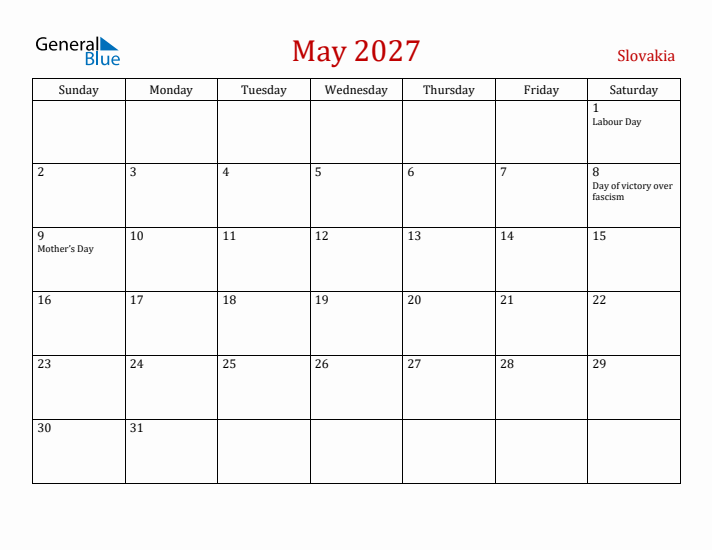 Slovakia May 2027 Calendar - Sunday Start