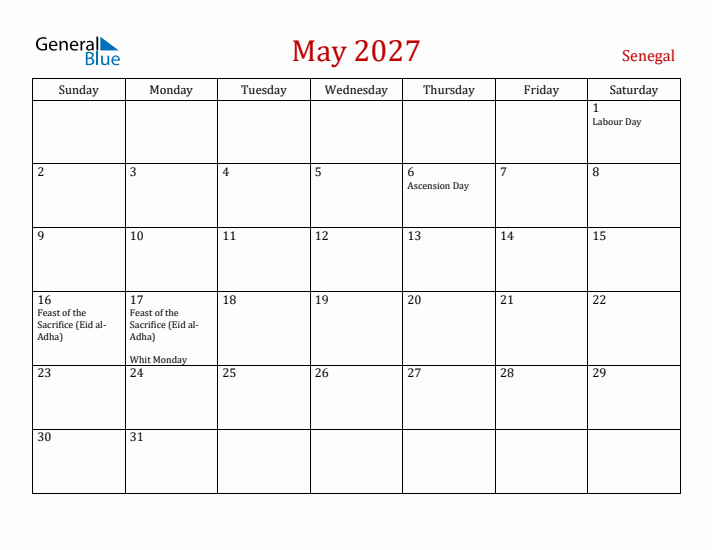 Senegal May 2027 Calendar - Sunday Start