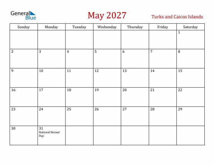 Turks and Caicos Islands May 2027 Calendar - Sunday Start