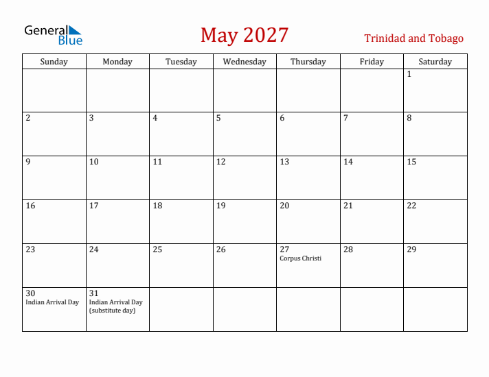 Trinidad and Tobago May 2027 Calendar - Sunday Start