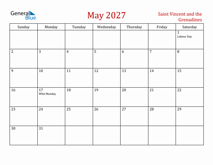 Saint Vincent and the Grenadines May 2027 Calendar - Sunday Start