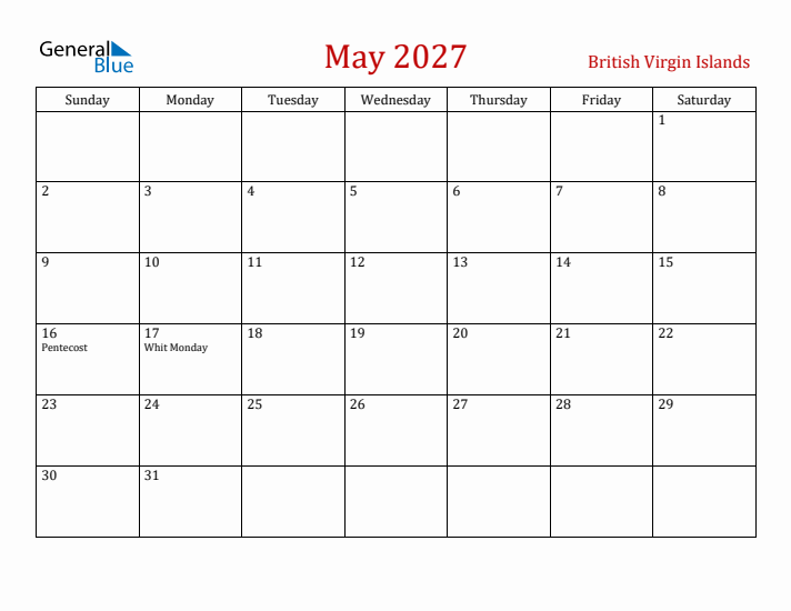 British Virgin Islands May 2027 Calendar - Sunday Start