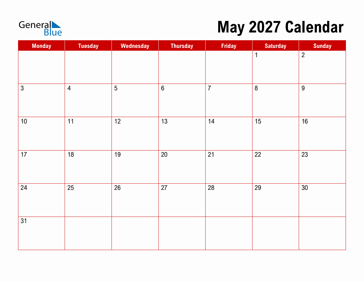 Basic Monthly Calendar - May 2027 - Monday Start
