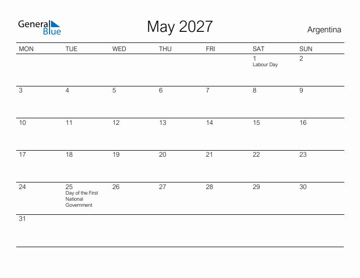 Printable May 2027 Calendar for Argentina