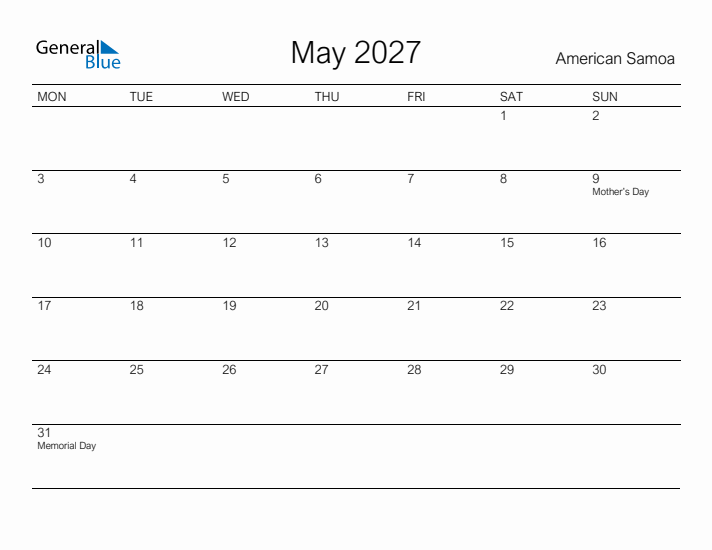 Printable May 2027 Calendar for American Samoa