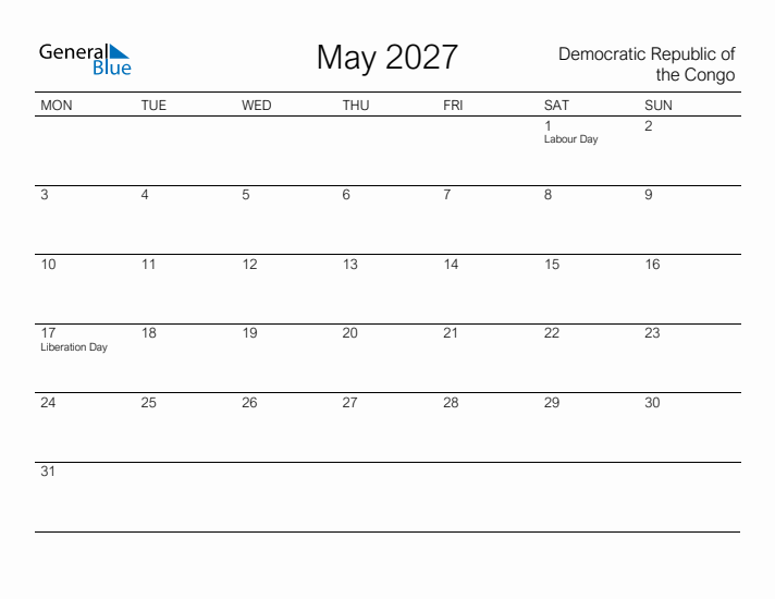 Printable May 2027 Calendar for Democratic Republic of the Congo