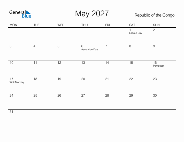 Printable May 2027 Calendar for Republic of the Congo
