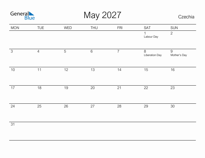 Printable May 2027 Calendar for Czechia