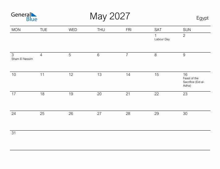 Printable May 2027 Calendar for Egypt