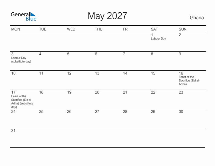 Printable May 2027 Calendar for Ghana