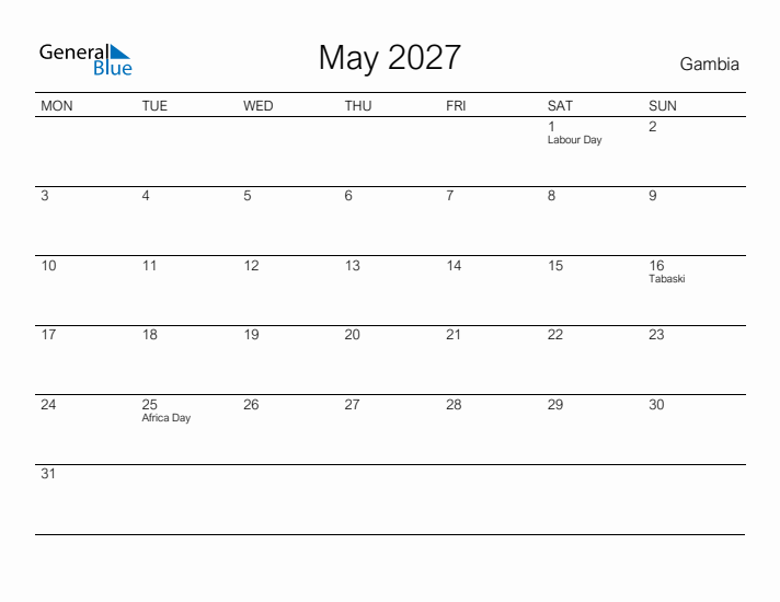 Printable May 2027 Calendar for Gambia