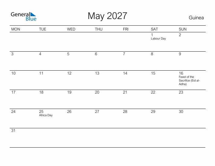 Printable May 2027 Calendar for Guinea