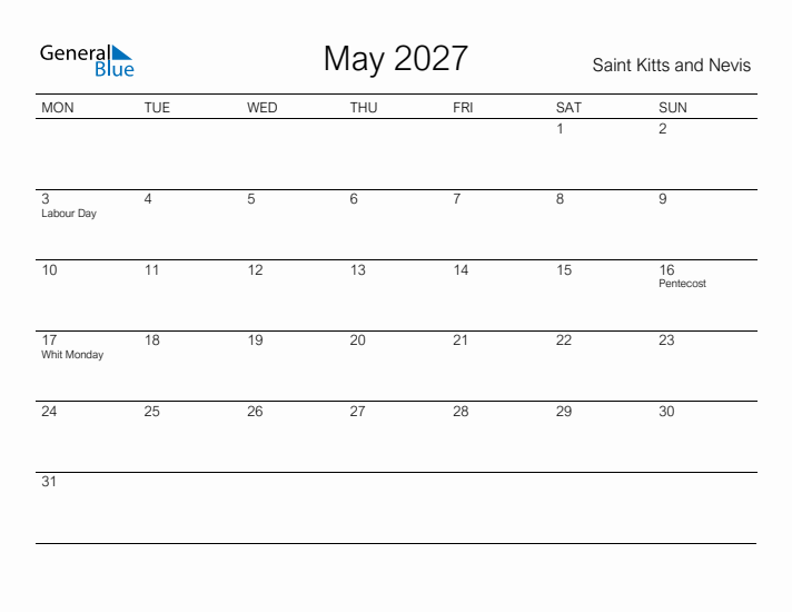 Printable May 2027 Calendar for Saint Kitts and Nevis